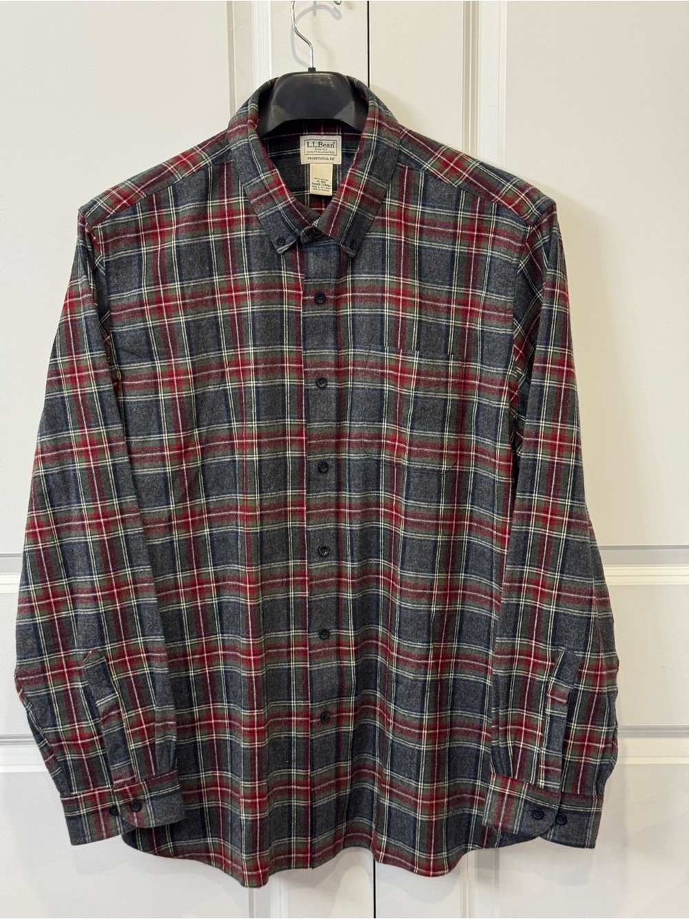 LL Bean Flannel Shirt Mens XL Reg Gray Red Tartan Plaid Traditional Fit